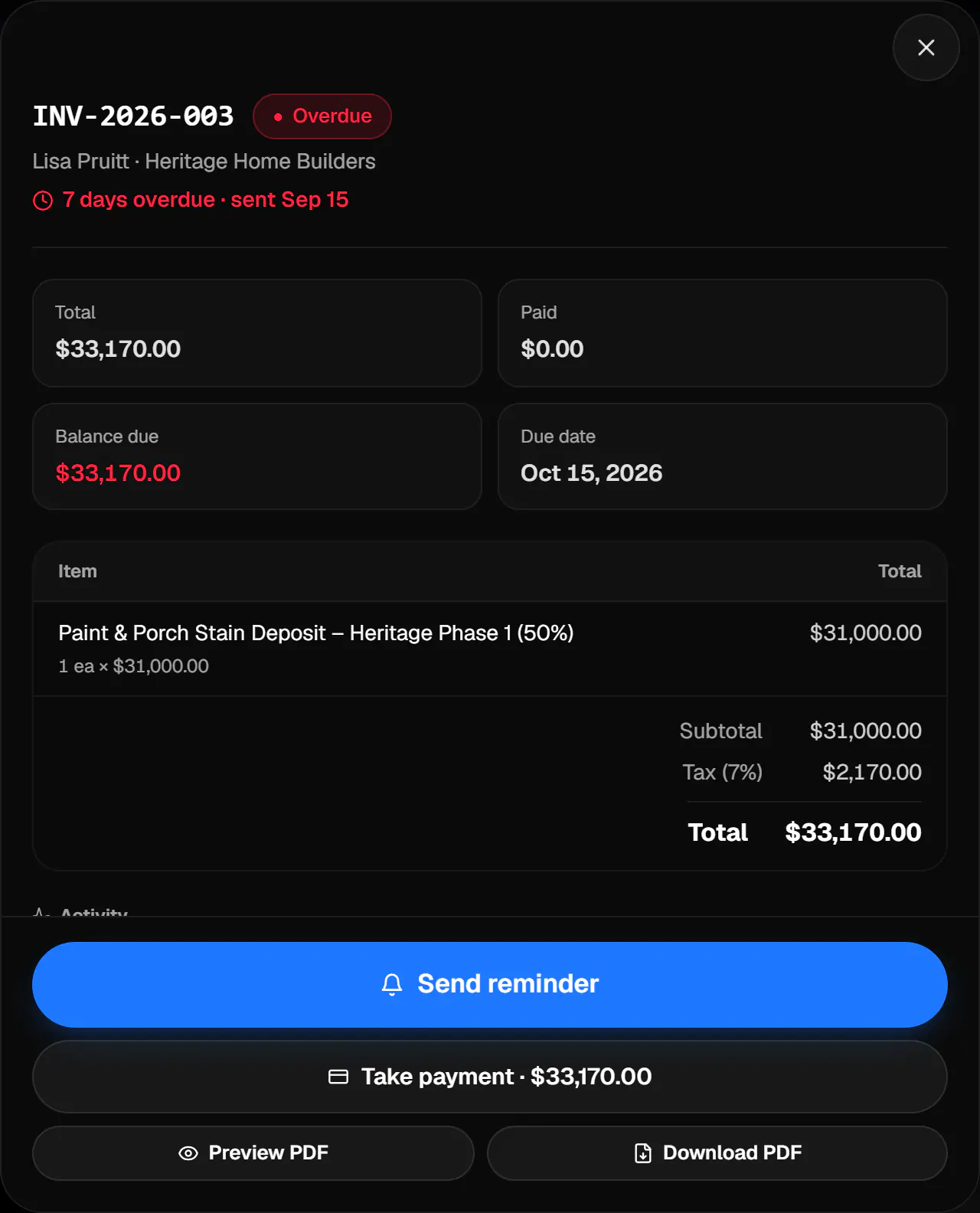 An invoice created from a finished job, with a pay-now button.