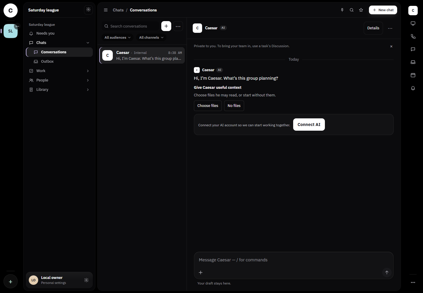 A Caestro Space, with a conversation between a person and an agent alongside the Space's tools.
